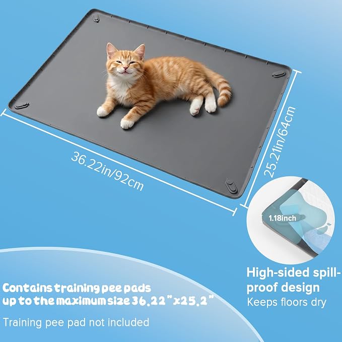 Pee Pad Holder for Dogs, 36" x 25" Non-Slip Silicone Dog Puppy Pad Holder, No Spill Raised Lip High Edge,Portable, Magnetic fixation，Leak-Proof Mat Holder, Square Potty Trays for Home Floor Protection