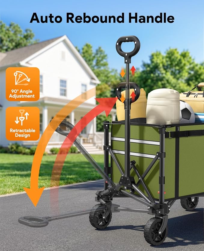Collapsible Wagon with Wheels,120L Wagon Cart for Camping Groceries Beach | 220lbs Capacity Wagon Carts Foldablet,Smallest Folding Size,Lightweight Portable,Adjustable Handle,Transport long items