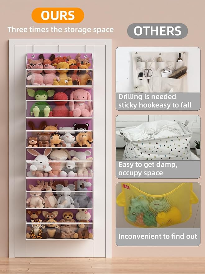 Over the Door Organizes- 6 Tier Stuffed Animal Storage, Bathroom Organizers and Storage, Swing-proof Hanging Organizer for Toys/Nursery Newborn Baby Essential Stuff (Clear-pink)