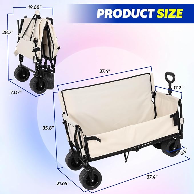 Portable Collapsible Folding Wagon, 550LBS Heavy Duty Utility Carts | Reclining Camper, Expandable Storage, Padded and Wheeled, All Terrain Wheels, Great for Camping, Outdoors, Shopping (White)