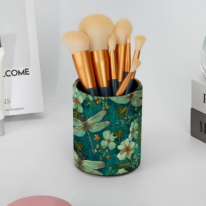 Faux Leather Pen Holder for Desk, Pencil Organizer Dragonfly Pen Cup Desk Decor Makeup Brush Holder Storage for Office Home