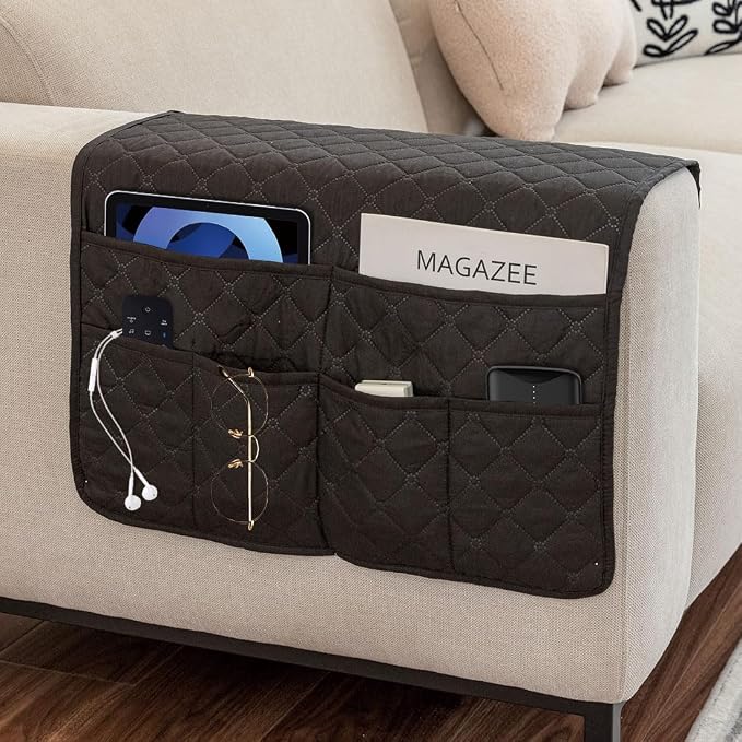 Sofa Armrest Organizer Waterproof Armchair Caddy for Couch Remote Control Holder for Recliner Non Slip Recliner Caddy with 6 Pockets for Magazine, Tablet, Phone, iPad, Black