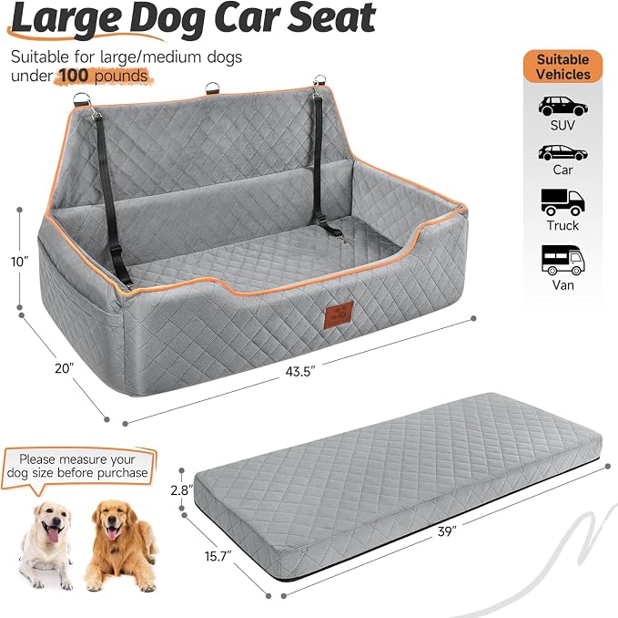 XIEEAOZEE Large Dog Car Seat for Pets Under 100 lbs, Backseat Dog Car Bed | Washable Pet Booster Seat for 2 Medium Dogs, Pet Travel Seat with Storage Pockets, Safety Belts