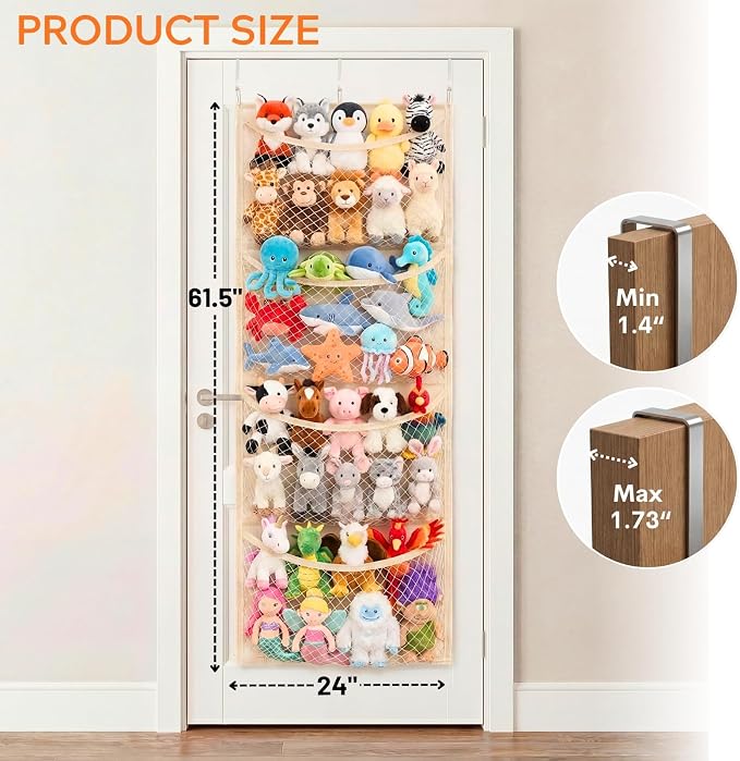 Wide Over The Door Stuffed Animal Storage, Cotton Toy Organizer for Plush Toys, Baby Supplies, Stuffed Animal Holder with 4 Large Pockets, Hanging Door Organizer for Nursery, Bedroom, Kids Room