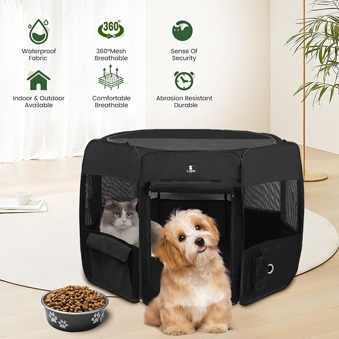 X-ZONE PET Foldable Dog Playpen, Portable Pet Play Pen for Puppy Cat, Black | Pop‑Up Dog Playpens Indoor & Outdoor, Waterproof Dog Kennel Cage, Removable Top, Travel Camping Playpen, Medium Size
