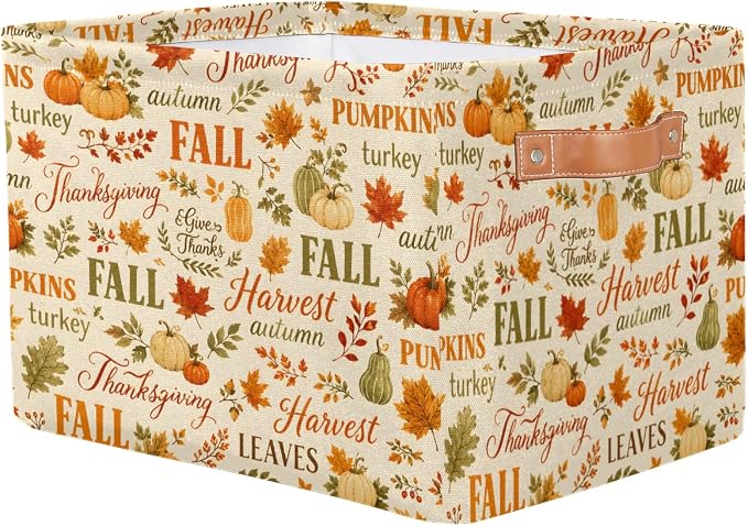 Fall Autumn Basket Storage Bins Rectangle Canvas Basket Cube Storage Box | Nursery Foldable Basket with Handle for Kids Girls Boys Toys Living Room Closet Organizer Shelf Gifts Thanksgiving Pumpkin