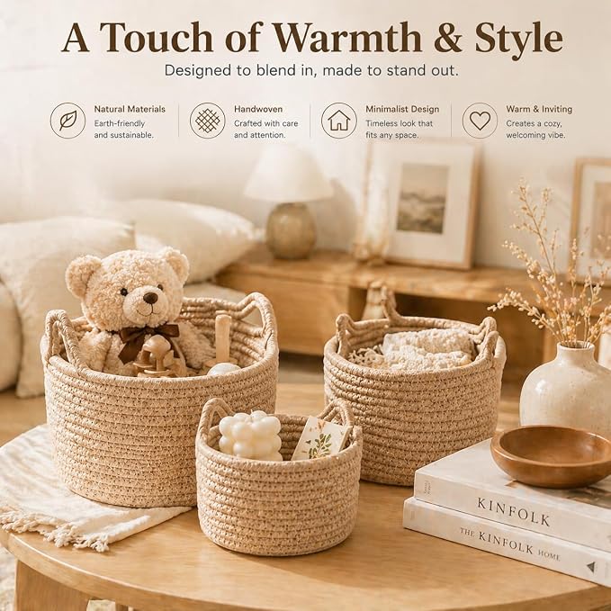 Small Woven Baskets | Mini Storage Bins | Cotton Rope Baby Nursery Organizers | Cute Round Cat Ears Basket for Organizing Desk Decor Kids Toy Dog Cat Baby Girls Gifts-Set of 3(Beige)