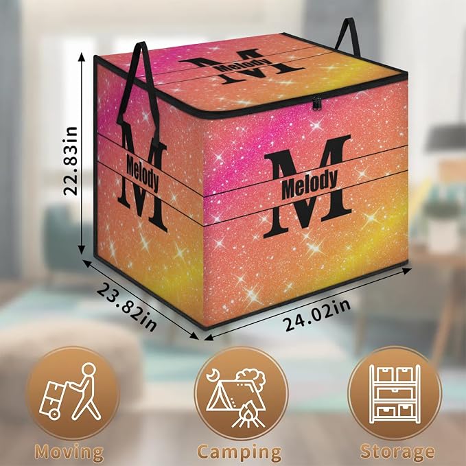 Custom Storage Baskets Cubes for Home with Name, Initial letter Large Foldable Organizer Storage Bins for Home Blanket Comforters Clothes Closet Nursery, Pink Yellow Orange Bling Shiny Stars