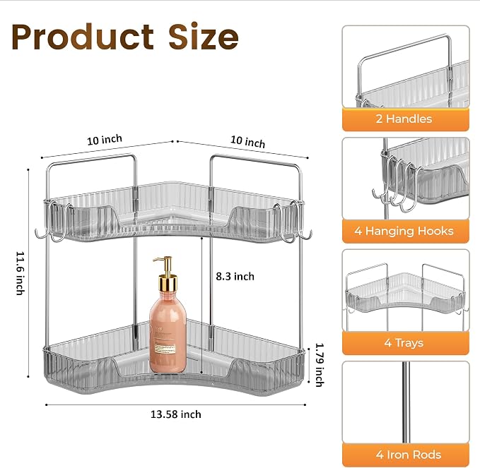 Corner Counter Organizer, 2-Tier Bathroom & Kitchen Storage Tray | Grey Vanity Organizer Storage Countertop with Hooks for Skincare, Makeup & Jewelry