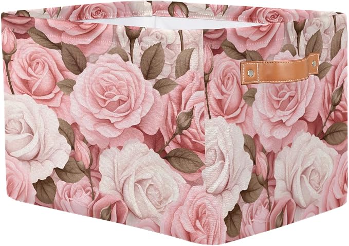 SEULIFE Floral Flower Rose Pink Foldable Storage Basket, Large Collapsible Organizer Storage Bin Cube Toys Storage Boxes with Handles for Bathroom Kids Nursery Closet Storage, 1 Pack