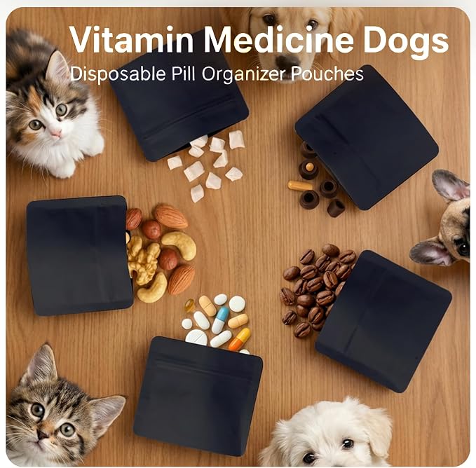 Reusable Pet Pill Pouches for Light Medicine,- 200pcs Capacitywith Zippered Seal, Zippered Medicine Bags with Fun Labels,Waterproof for Medications, Vitamins, Treats (Black Cat)