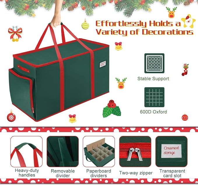 2-in-1 Christmas Ornament Storage Box Keeps 64-3"/36-4" Holiday Ornaments | Xmas Figurine Organizer Container,4 Separate Trays , Adjustable Extent Area for Figurines and Pockets for Holiday Décor