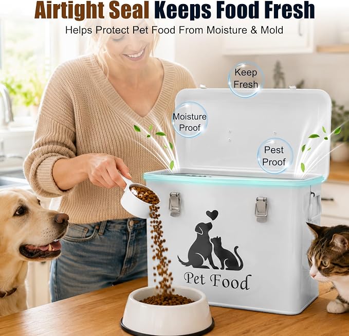 Vivifying Airtight Metal Dog Food Storage Container with Scoop, Up to 13 lb | Sealing Ring and Double Locks Keep Dog Treats, Cat Treats, Cookies and Dry Pet Food Fresh, Secure and Organized, White