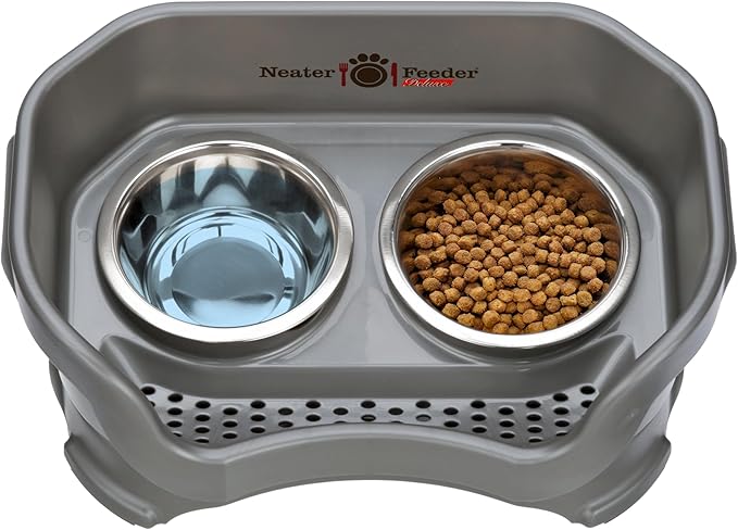 Neater Pet Brands Neater Feeder Deluxe Mess Proof Dog Bowls Elevated for Small Dogs Under 19 lbs, Made in USA, No Spill Raised Dog Food Bowl Stand Feeding Station, Food and Water Bowl Set, Gunmetal