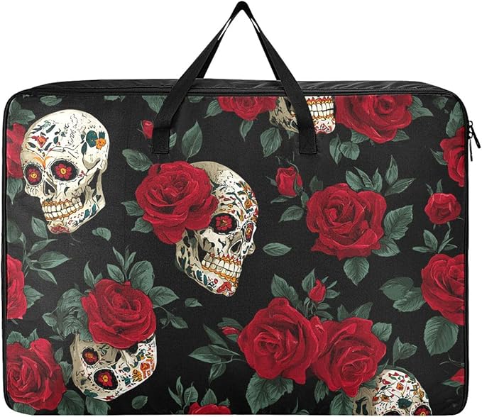 Comforter Storage Bags Large Folding Blanket Organizer Bag with Strong Handles Clear Window Closet Storage Containers for Clothes King Queen Pillows Bedding Quilt Duvet Black Skulls Roses Elega