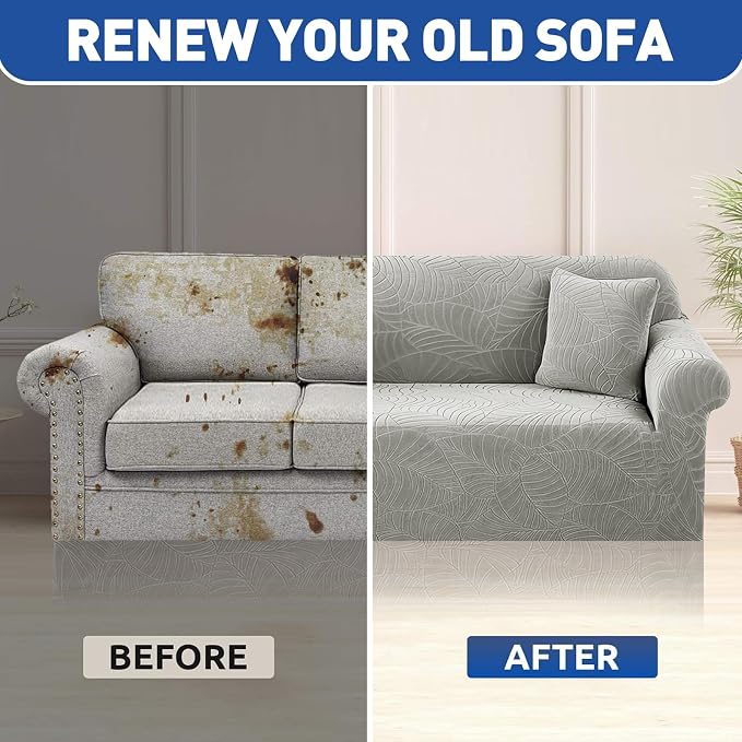 YEMYHOM Couch Cover Latest Jacquard Design High Stretch Sofa Covers for 2 Cushion Couch, Pet Dog Cat Proof Loveseat Slipcover Non Slip Elastic Furniture Protector (Medium, Begonia Leaf Light Grey)