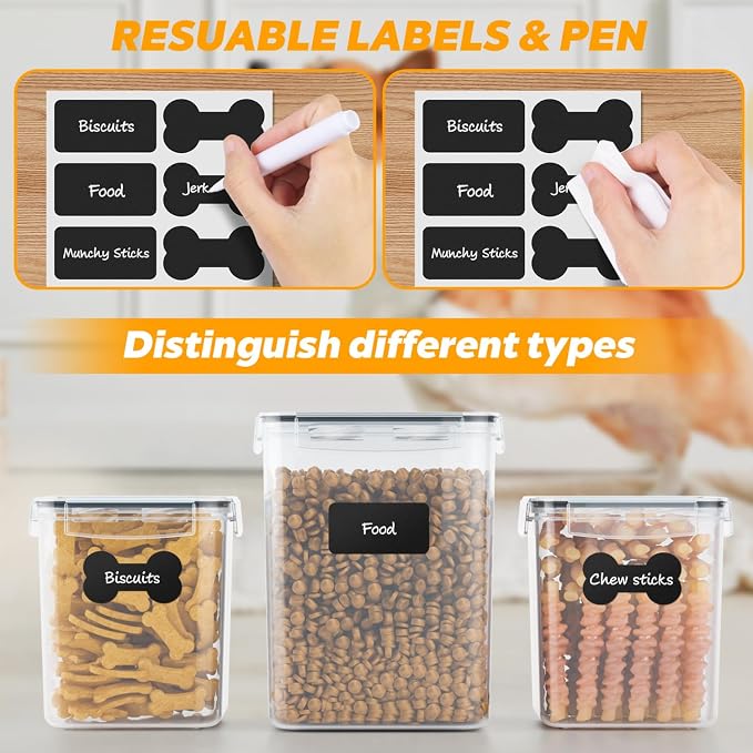 qeerable Airtight Dog Treat Container Set - Shatterproof Plastic Pet Treat Container with Scoops, Tongs & Labels - 3 Pack Clear Dog Cookie Jar for Kitchen Counter Organization & Freshness