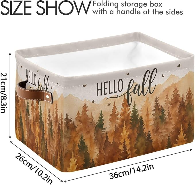 Wamika Hello Fall Forest Storage Basket with Waterproof Liner and PU Handles Maple Leaves Pine Tree Storage Bins Boxes 14.2" Collapsible Decorative Organizer Baskets for Bedroom Closet Office 1 Pack