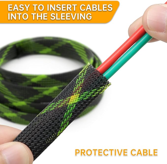 Braided Cable Sleeve, 33ft Expandable Wire Loom for Automotive Wiring Harness & PC Case, Pet-Proof Chew Resistant Cord Protector, Flexible Cable Management (Black-UV Yellow, 16mm (5/8"))