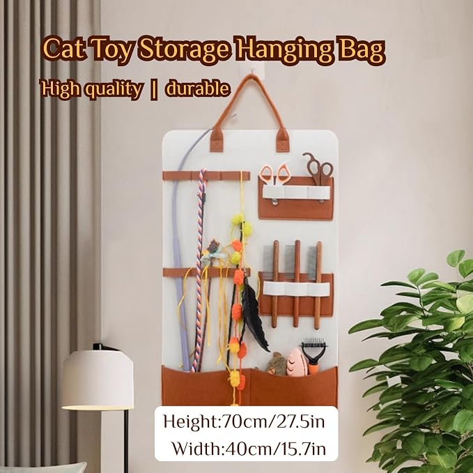 Cat Toy Storage Hanging Bag, Cat Teaser Toy Wand Toy Holder Pet Storage Box Organizer(White Brown)
