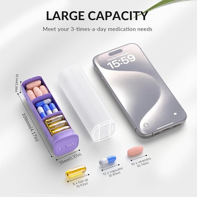 KOVIUU Weekly Pill Organizer 3X a Day, Large Daily 7-Day Pill Box, Purple | Detachable Pill Case with 3 Compartments | Travel Pill Container Holder for Vitamins, Supplements, Medications | BPA-Free