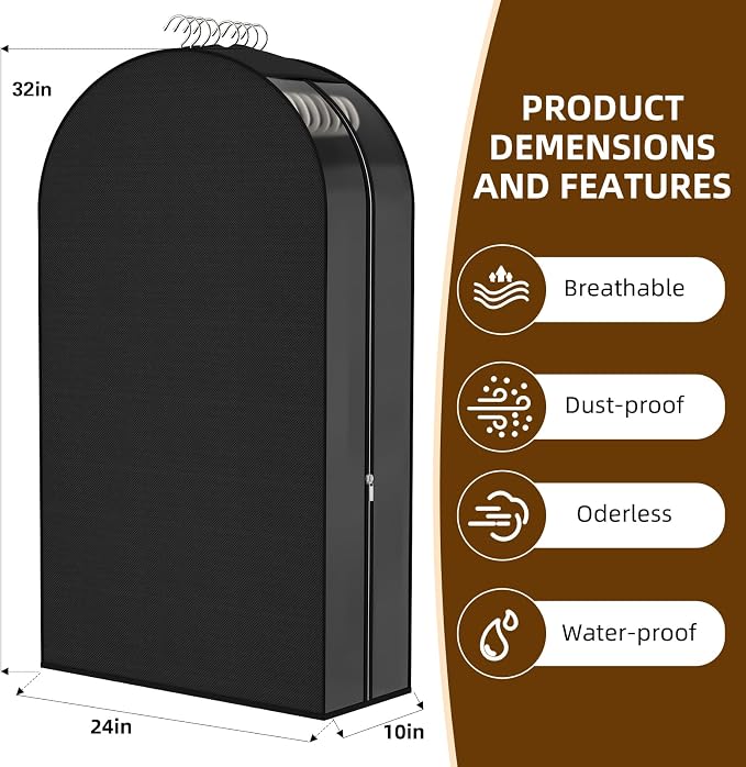 Black Garment Bags for Hanging Clothes, 4-Pack, 32" | Upgraded thickened clear garment bags with 10" gusset for closet storage of shirts, coats, dresses
