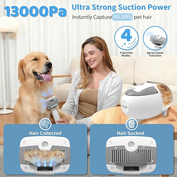 Dog Grooming Vacuum with 2L Dust Cup & 13000Pa Suction, 5-in-1 Low Noise Pet Grooming Kit with Clipper & Steam Brush for Shedding, Dog Vacuum for Dogs and Cats