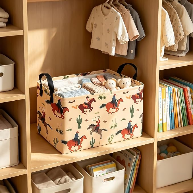 Rectangular Collapsible Storage Basket Nursery Toy Organizer Cactus Cowboy | Storage Bin Foldable Canvas with Handles for Organizing Home Kitchen Children Toys Office Closet Shelf Baskets
