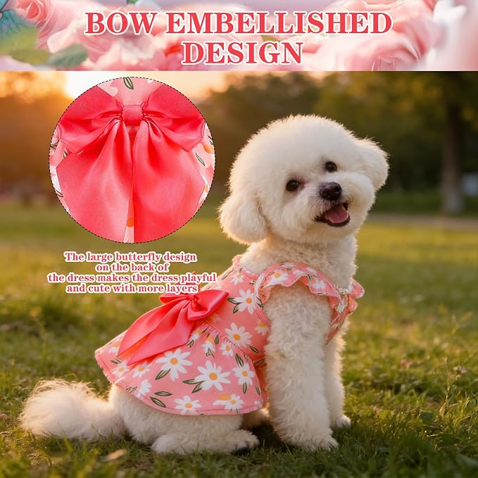 Dog Dress with Sleeve Ruffles, Floral Pet Dresses with Bow Tie for Small Meduim Dogs Puppy Cats Girl, Cute Princess Dog Dresses Skirt Clothes Outfits for Spring Summer, Pink XS