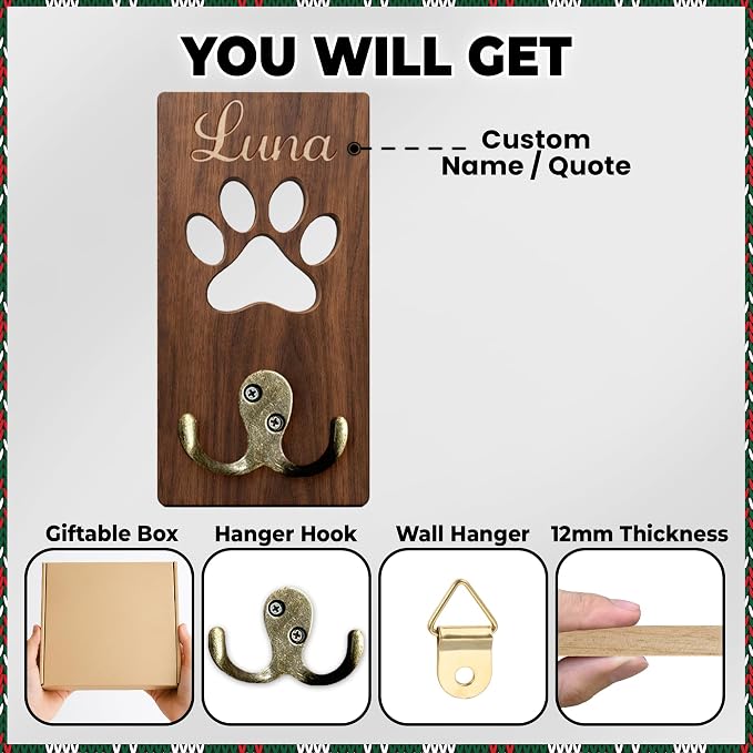 Personalized 2 Pack Dog Leash Holder for Wall Mount, Custom Name Paw Print Wooden Hook, Dog Collar and Harness Organizer, Key and Leash Holder for Entryway, Gift for Dog Lovers