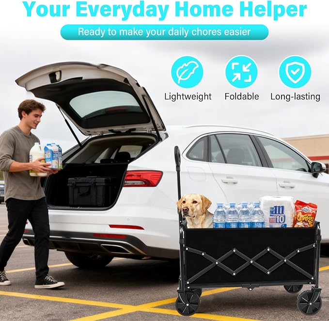Collapsible Wagon Cart with Wheels, Compact 360 lb Folding Cart, Jet Black | Portable utility wagon for groceries, shopping, camping, garden, sports, picnics, laundry, apartment errands and small hauls