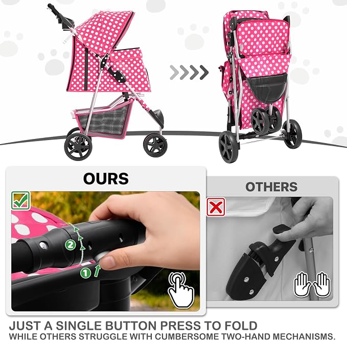 MoNiBloom Pet Stroller for Small/Medium Dogs and Cats, Hot Pink Polka Dots | Foldable Dog Stroller 3 Wheels Pet Strolling Cart w/ Storage Basket Cup Holder, Breathable and Visible Mesh for All-Season