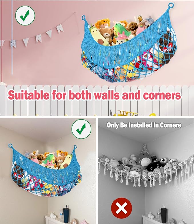 Stuffed Animal Hammock - Extra Large 63'' Long (Peacock blue) | Premium Cotton Hand-knitted, Beautiful Long Tassel, Storage Hanging Organizer, Can Fit Stuffed Animals 40 Piece or More