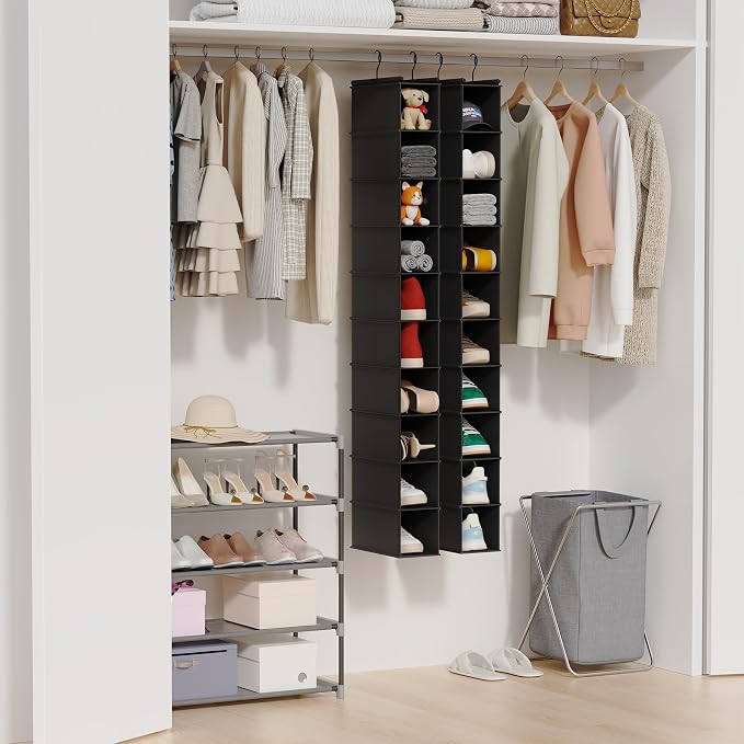 MAX Houser 2 Pack 10 Tier Foldable Hanging Shoe Organizer Black | Foldable Hanging Shoe Storage Shelf with 2 Metal Hooks, Space Saving Storage for Narrow Space