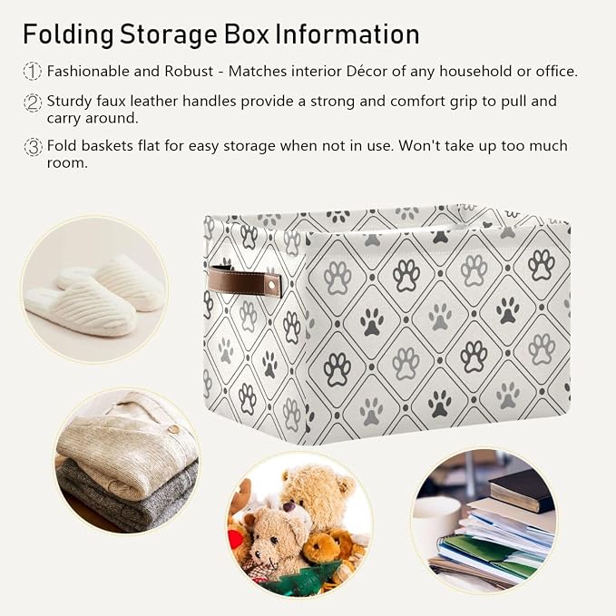 Didi & Hosa Storage Basket Cube Animal Pattern Of Paw Footprint Collapsible Toys Shelf Baskets Bin with Handle Laundry Organizer Storage Box for Home School & Office