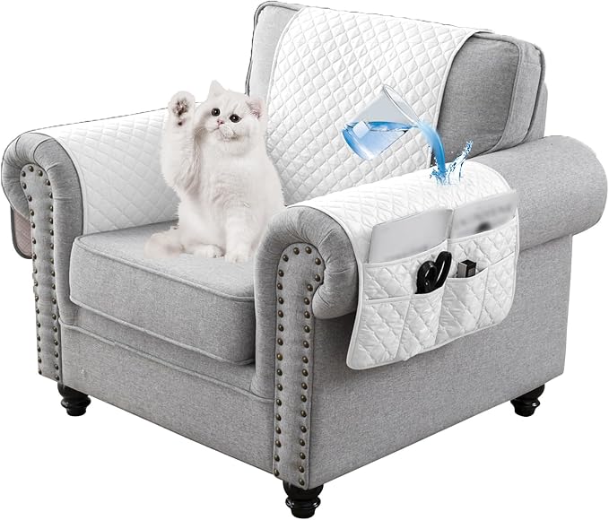 Water-Resistant Sofa Armrest and Headrest Covers with Side Pocket | Keep remotes close quilted polyester helps guard against wear, pet scratches, and kids' messes silicone backing adds grip