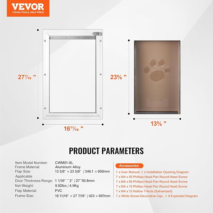 VEVOR Pet Door for Interior and Exterior Doors, Aluminum Frame, Metal Closing Panel and Lock, Strong and Durable Dog Door, Pet Door Suitable for Extra Large Dogs (White-Extra Large)