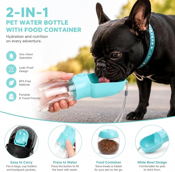 2-in-1 Dog Cat Portable Water & Food Travel Dispenser Bottle(Pink) | 2-in-1 travel pet cup with 500ml water & 180ml food storage, leak-proof portable feeder for dog cat walking hiking trips