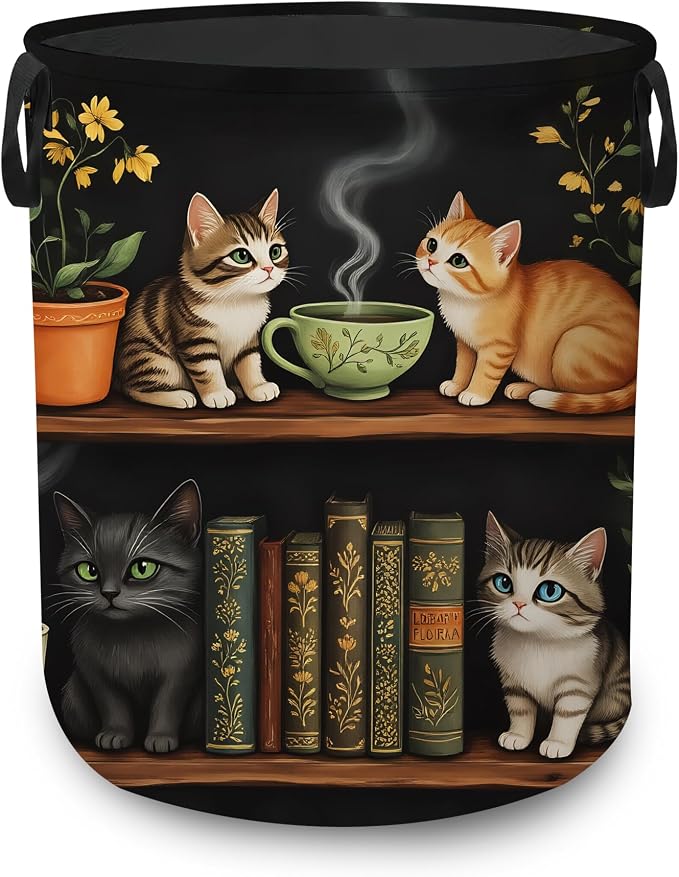 Laundry Basket,Cat Bookshelf Foldable Clothes Hamper with Handles,Library Floral Plants Waterproof Oxford Cloth Storage Organizer for Bedroom Bathroom College Dorm,16" x 20"