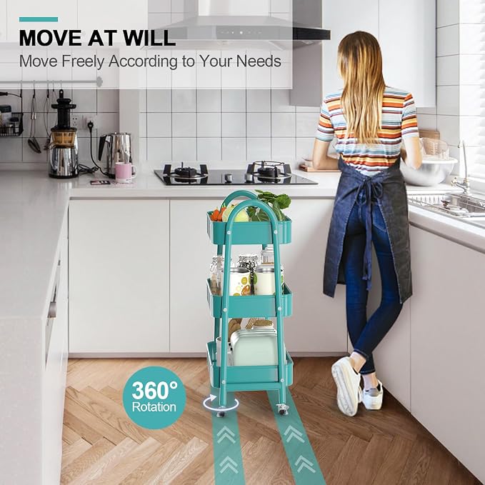 3 Tier Utility Rolling Cart, Metal Storage Cart with Handle and Lockable Wheels, Multifunctional Storage Organizer Trolley with Mesh Baskets for Kitchen, Living Room, Office, Garage (Turquoise)