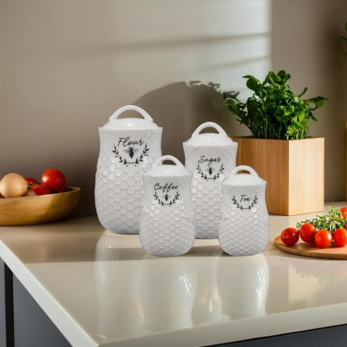 Young's Inc Ceramic Honey Bee Kitchen Canister Set of 4, Farmhouse Food Storage Containers for Flour Sugar Coffee Tea, Honeycomb Kitchen Decor with Lids, Hand Wash Only, Designed in USA