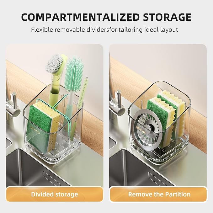 MOPMS Kitchen Sponge Holder with Drip Tray, Sink Caddy Organizer | Clear PET Kitchen Storage Rack Holds Brushes with Removable Divider, Durable Countertop Holder Space-Saving