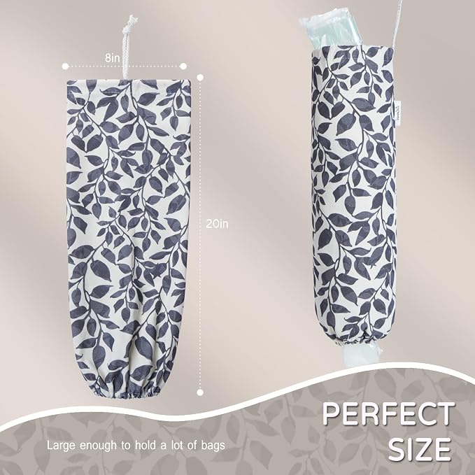 Plastic Bag Holder, Reusable Grocery Bag Holder for Plastic Bags Groceries Store, Flower Canvas Trash Plastic Bag Organizer Storage Holders for Home Kitchen Pantry Decor (Black Leaves)