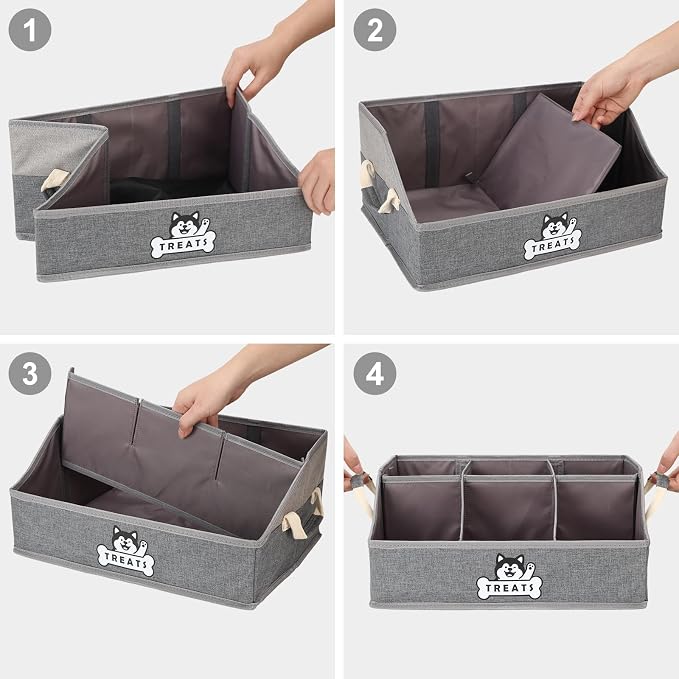 Dog Treat Storage Organizer for Countertop with Fabric Handle and Dividers | Collapsible Dog Treat Container for Living Room Area, Trapezoid Storage Basket for Pet Supplies with Adjustable Dividers
