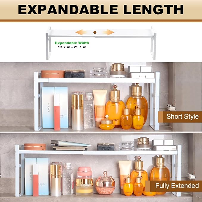 Small Expandable Medicine Cabinet Shelf, 3.58” Wide Metal Storage Stand with Adjustable Layers & Non-Slip Pads for Kitchen, Pantry, & Bathroom – White