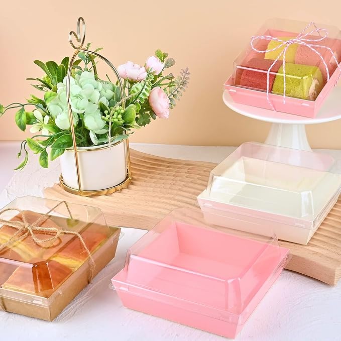 ZORRITA 50 Pack 5 Inch Paper Charcuterie Boxes with Clear Lids, Pink | Small, Square, To Go Food Containers, Bakery Boxes, For Mini Cake, Desserts, Cookies, Sandwiches, Strawberries