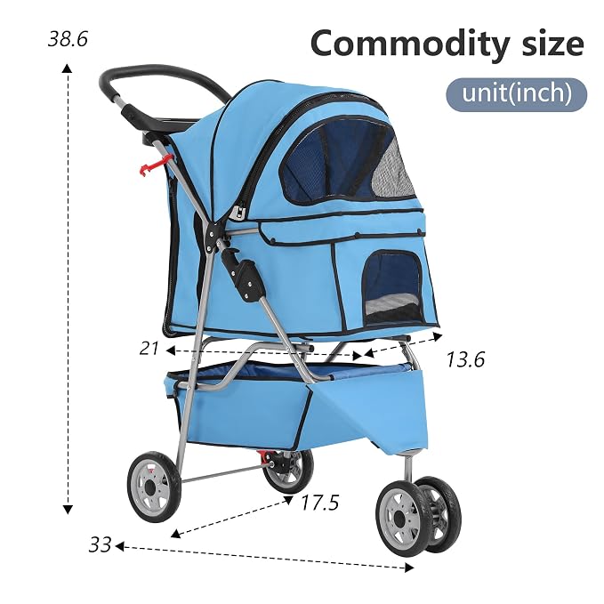 FDW Pet Stroller 3-Wheel Durable Foldable Cat Dog Stroller with Washable Liner Storage Basket Cup Holder,Blue