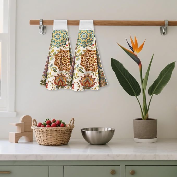 CUTHOLLOW Vintage Flower Pattern Hanging Kitchen Towels with Loop, Set of 2 - Soft & Super Absorbent Microfiber Decorative Hanging Dish & Hand Towel, Tea Coffee Towel for Kitchen Bathroom Oven Handle