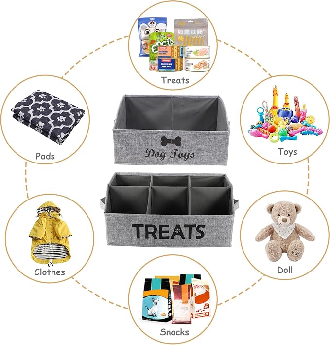 2pack Dog Storage Organizer,Trapezoid Dog Toy Basket,Dog Treat Container with handle,Collapsible Fabric Storage Box for Dog Toys and Dog Treats,Dog Treat Station with removable dividers-Grey