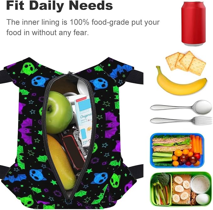 Insulated Lunch Cooler Bag with Handle, Neon Witch Bats | Leakproof Snack Tote, Cute Food Storage Bag, for Drinks Fruits Meals, Portable and Reusable